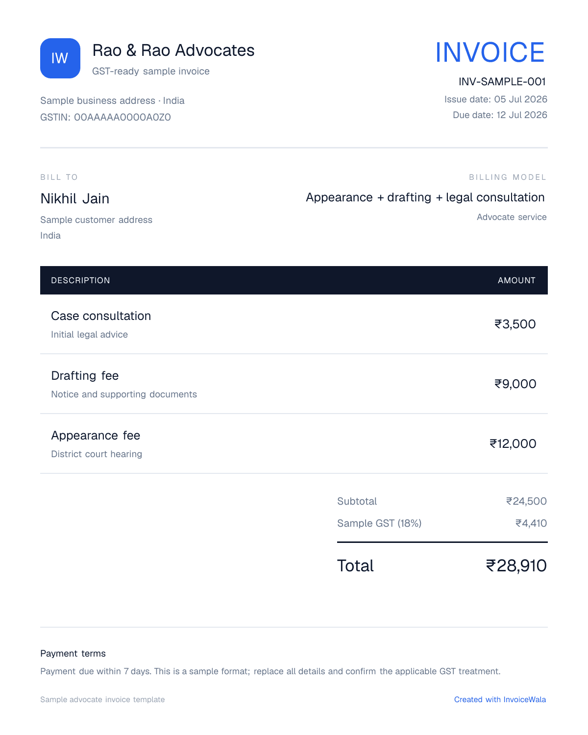Sample GST advocate invoice template showing appearance + drafting + legal consultation