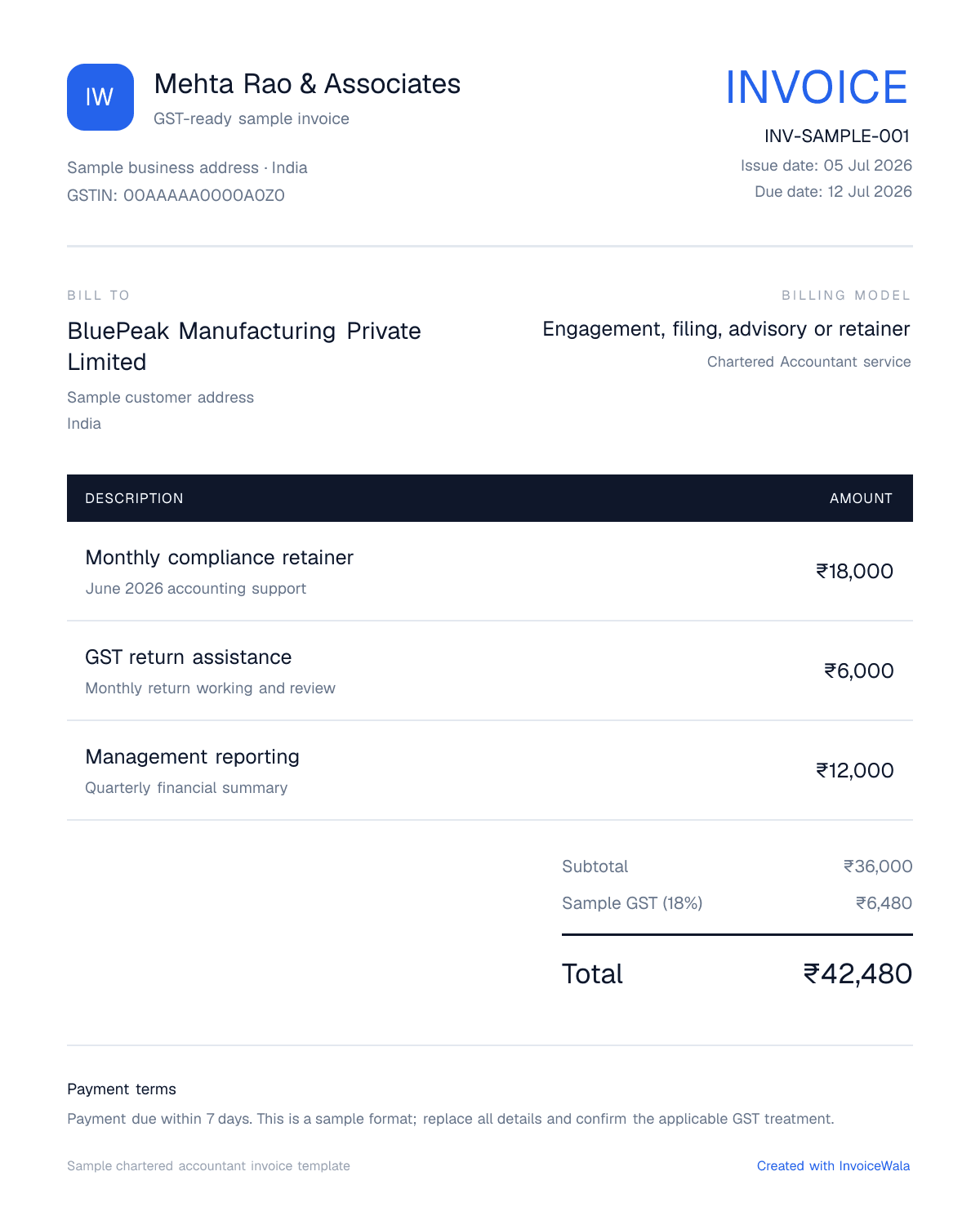 Sample GST chartered accountant invoice template showing engagement, filing, advisory or retainer
