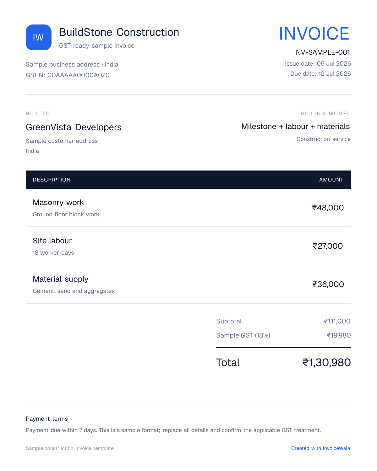 Sample GST construction invoice template showing milestone + labour + materials