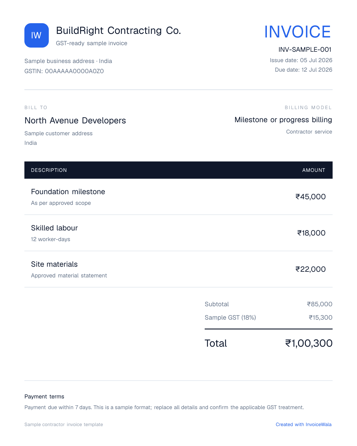 Sample GST contractor invoice template showing milestone or progress billing