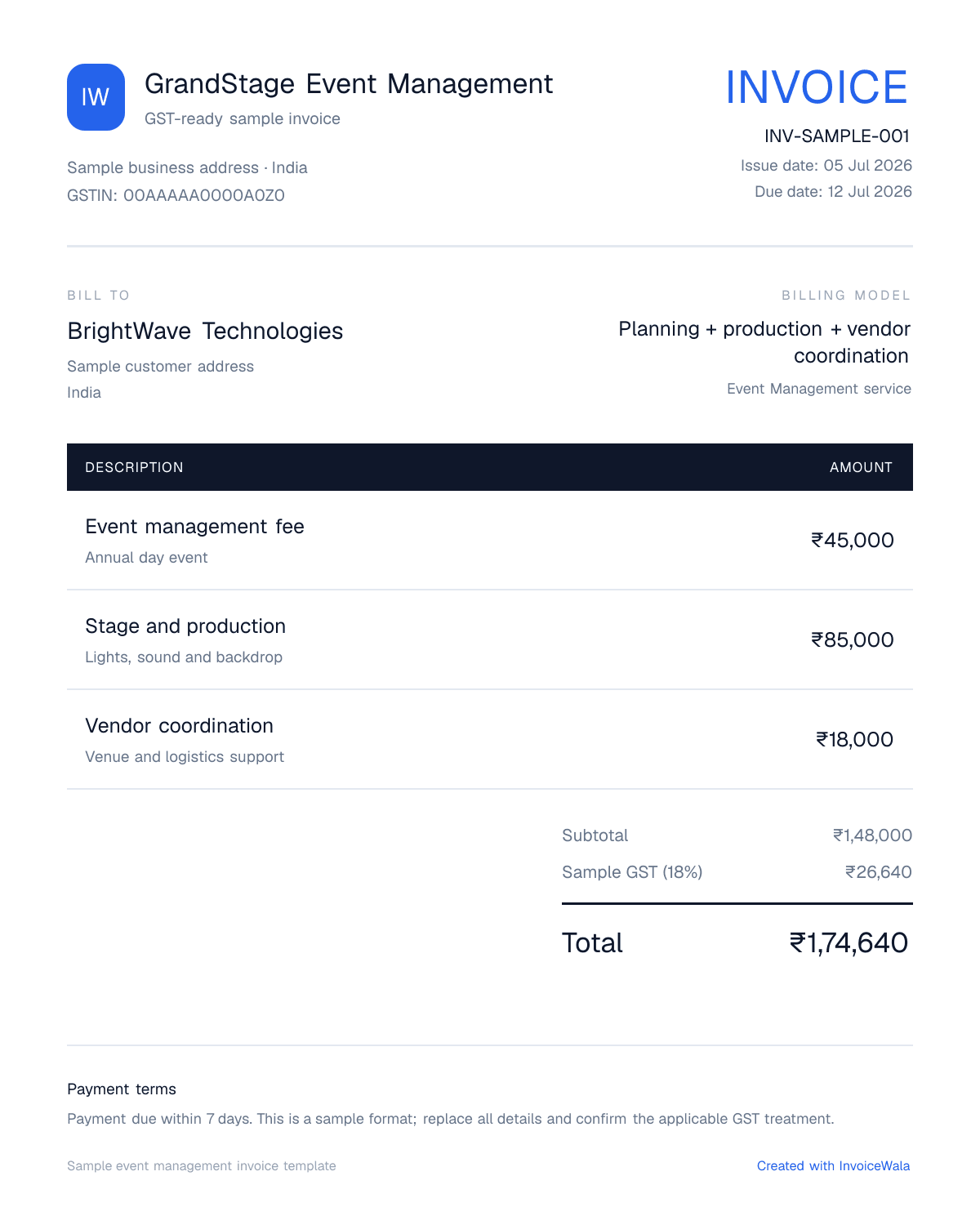 Sample GST event management invoice template showing planning + production + vendor coordination