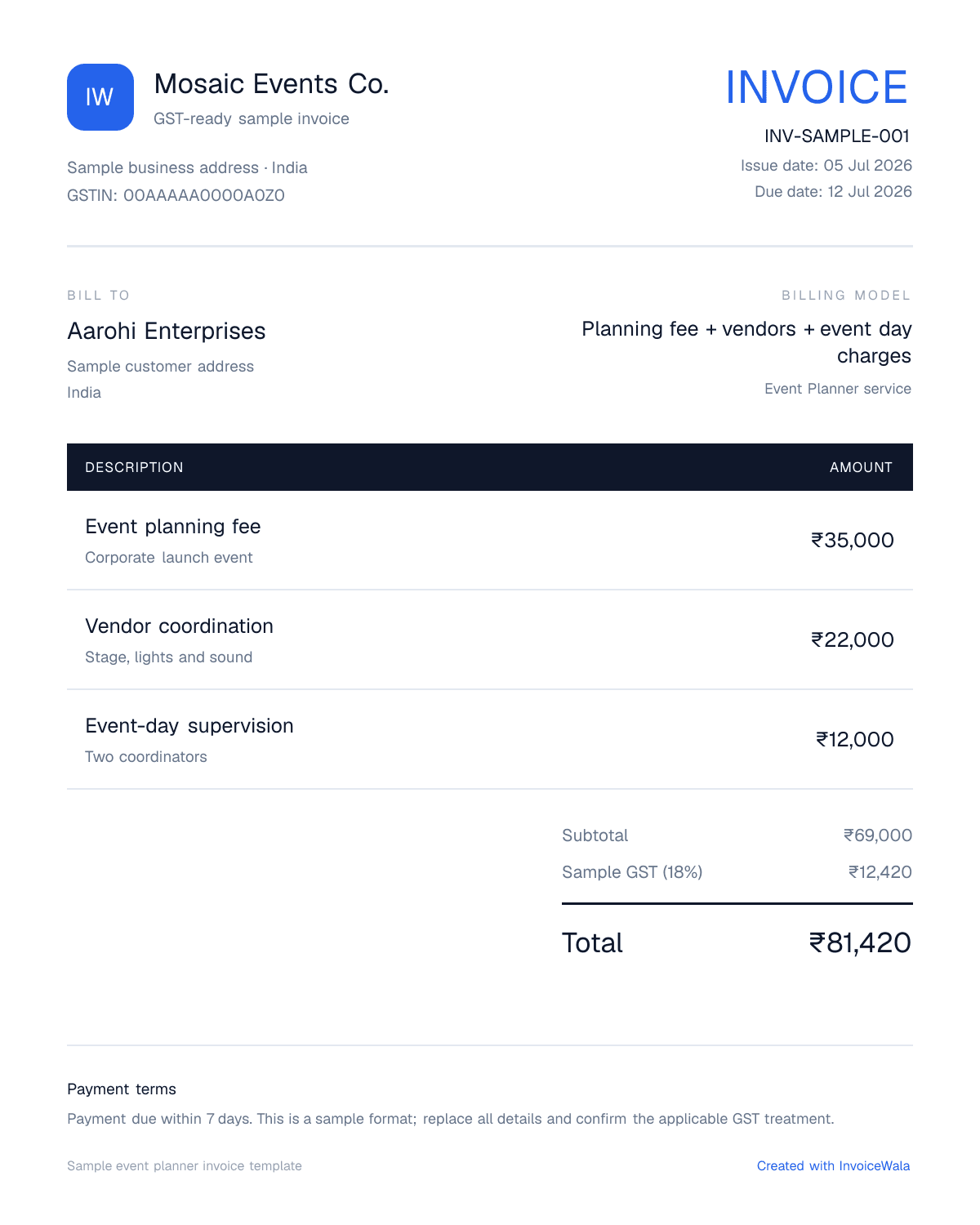 Sample GST event planner invoice template showing planning fee + vendors + event day charges