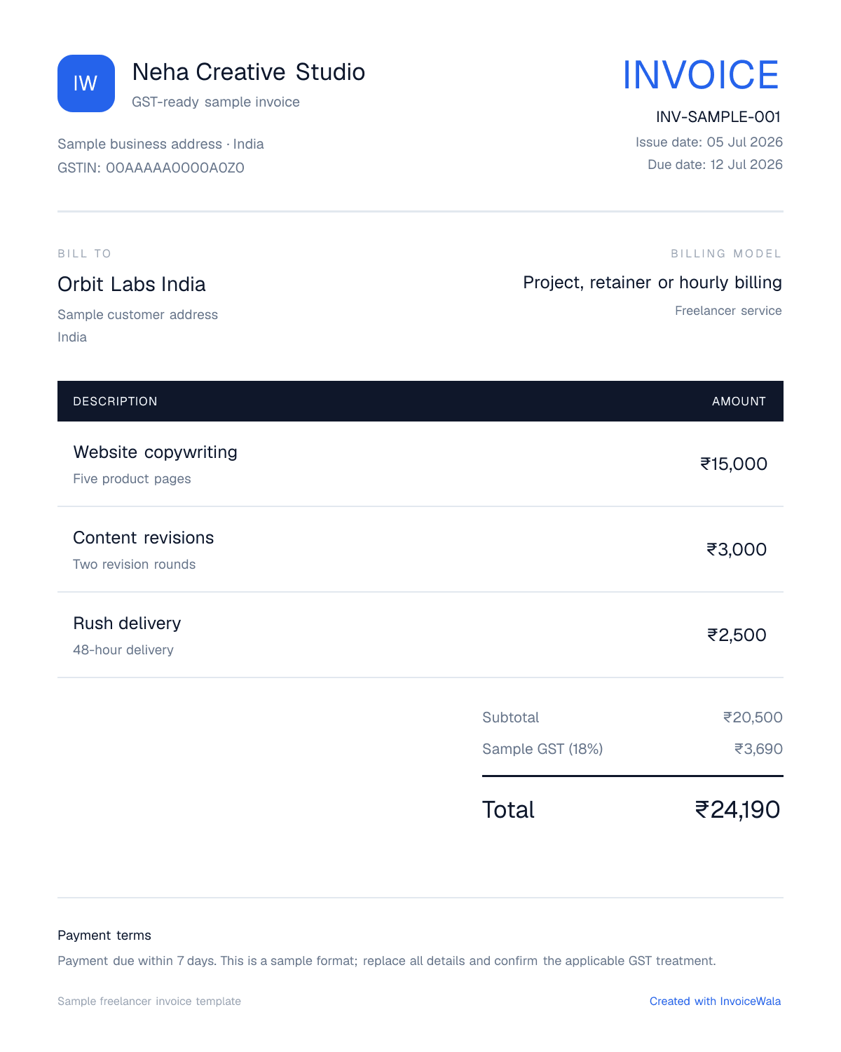 Sample GST freelancer invoice template showing project, retainer or hourly billing