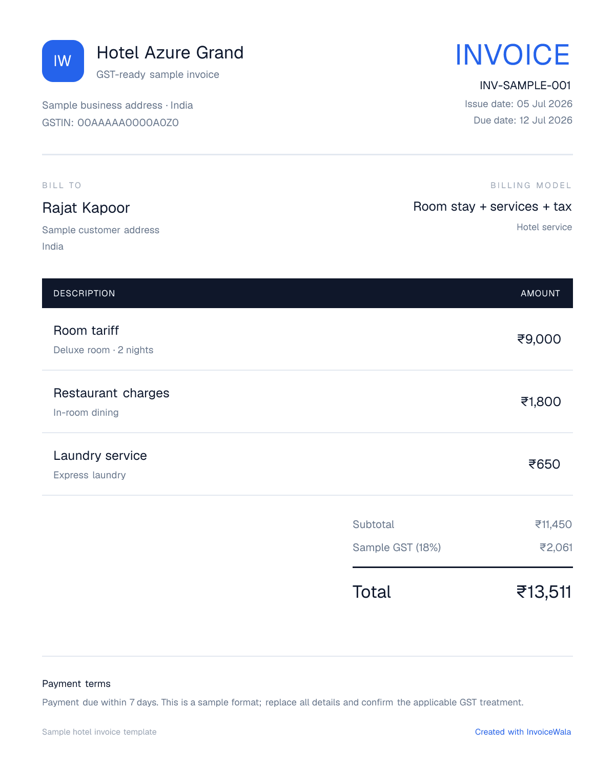 Sample GST hotel invoice template showing room stay + services + tax