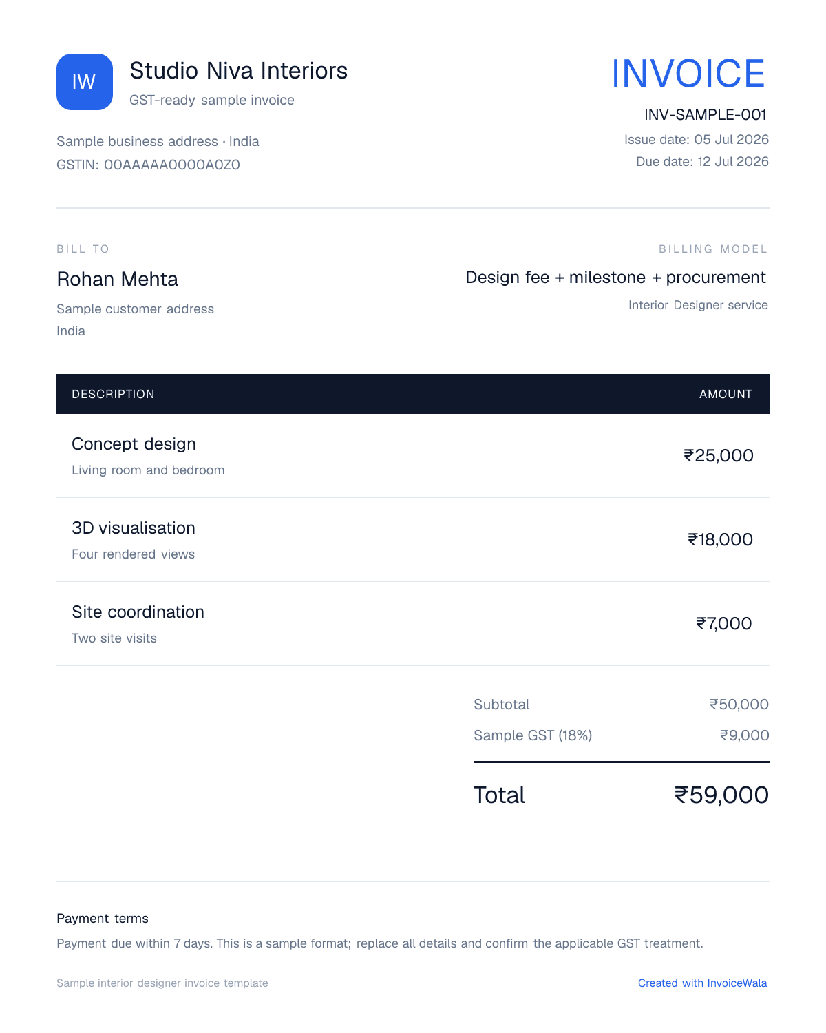 Sample GST interior designer invoice template showing design fee + milestone + procurement