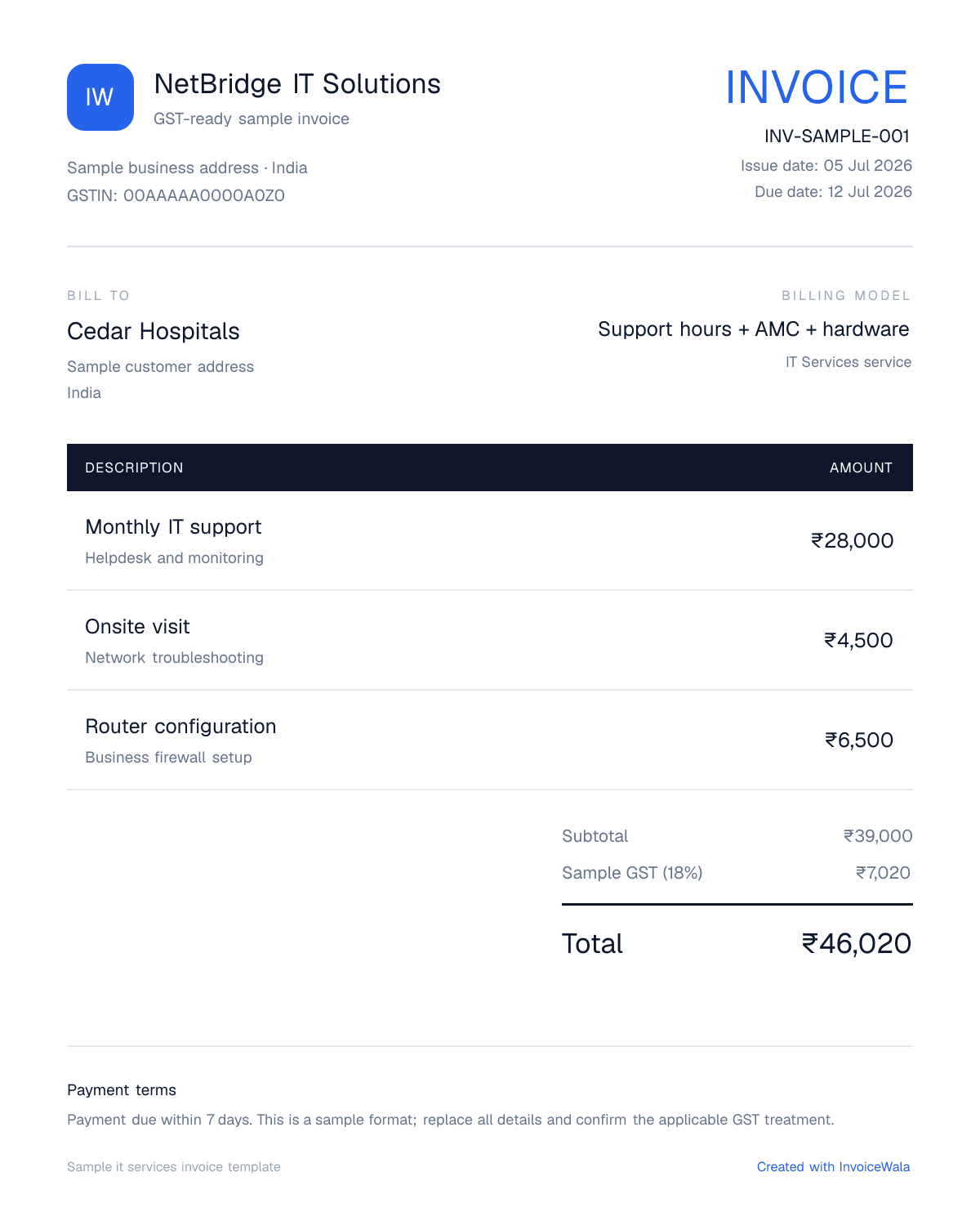 Sample GST it services invoice template showing support hours + amc + hardware