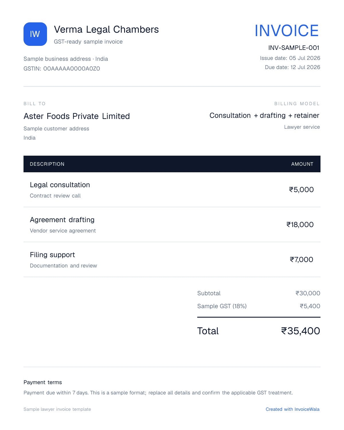 Sample GST lawyer invoice template showing consultation + drafting + retainer