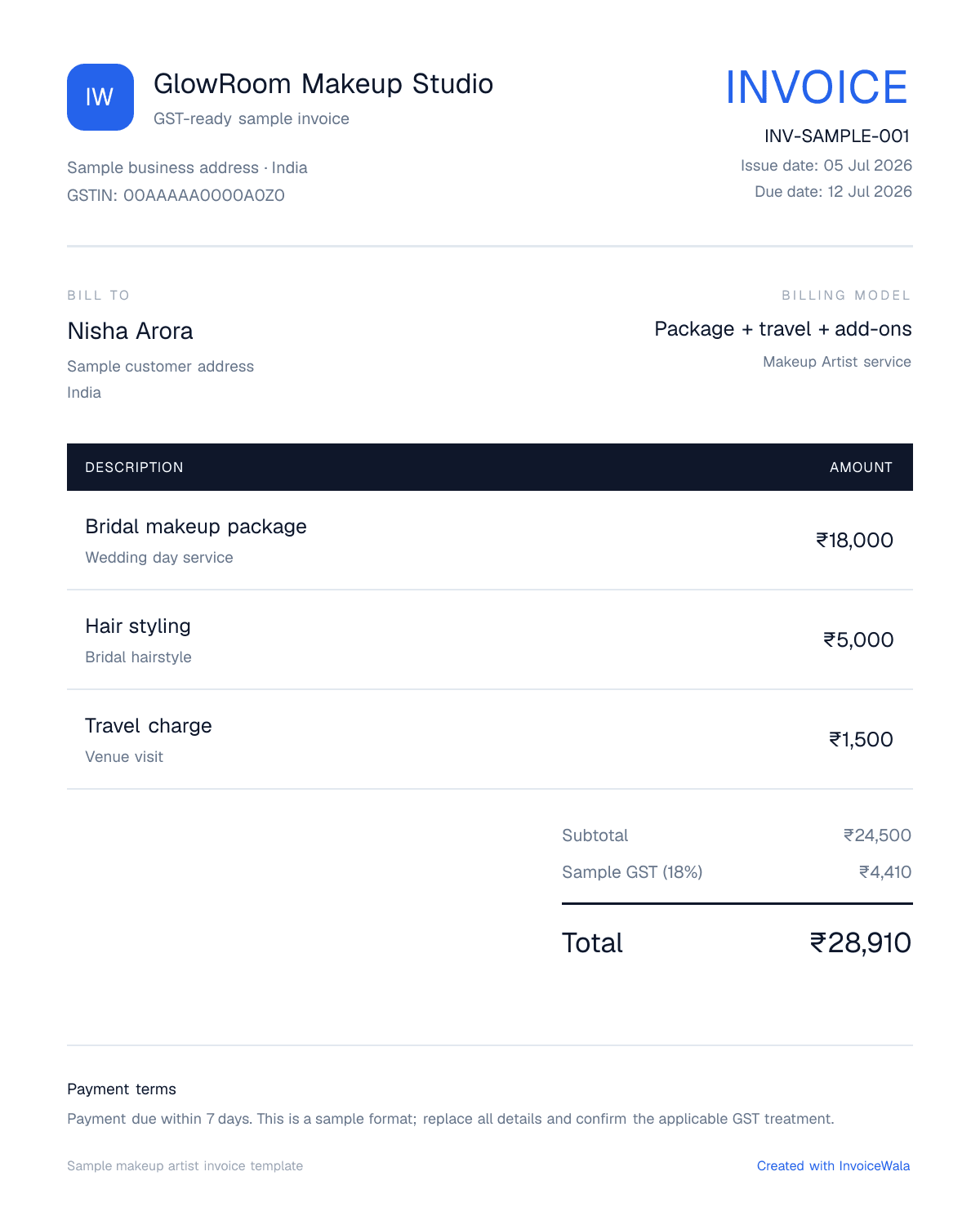 Sample GST makeup artist invoice template showing package + travel + add-ons