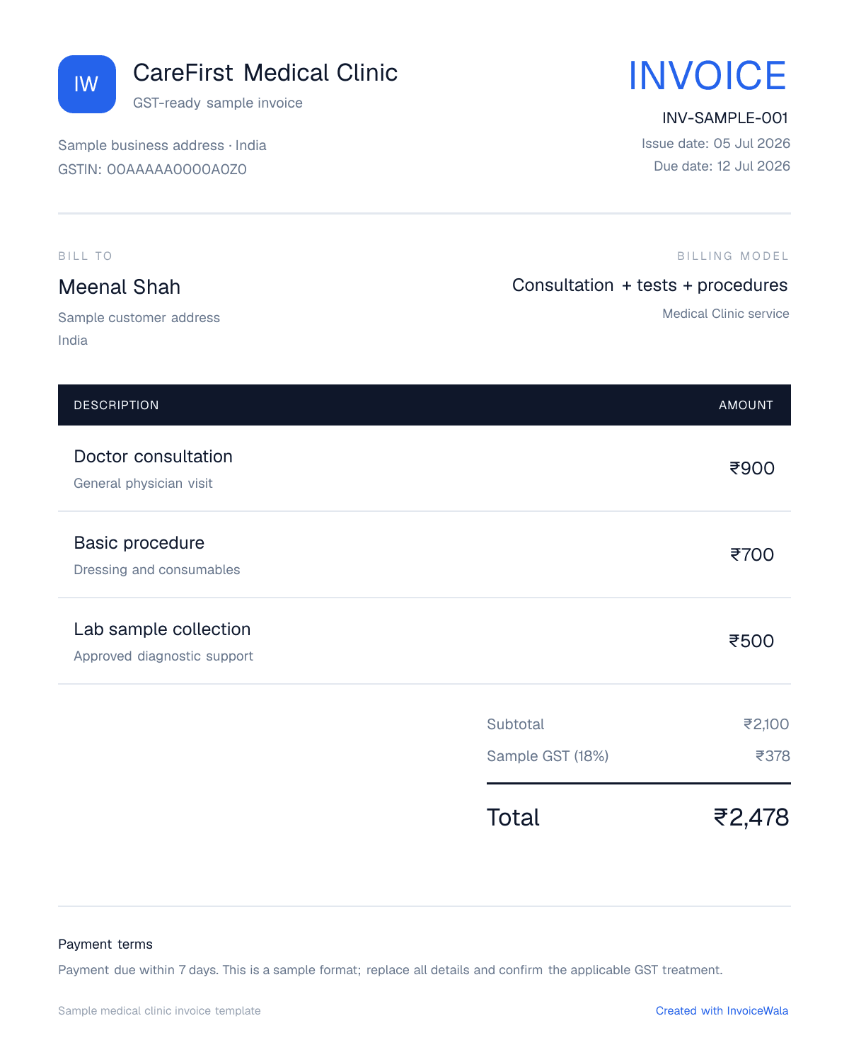 Sample GST medical clinic invoice template showing consultation + tests + procedures
