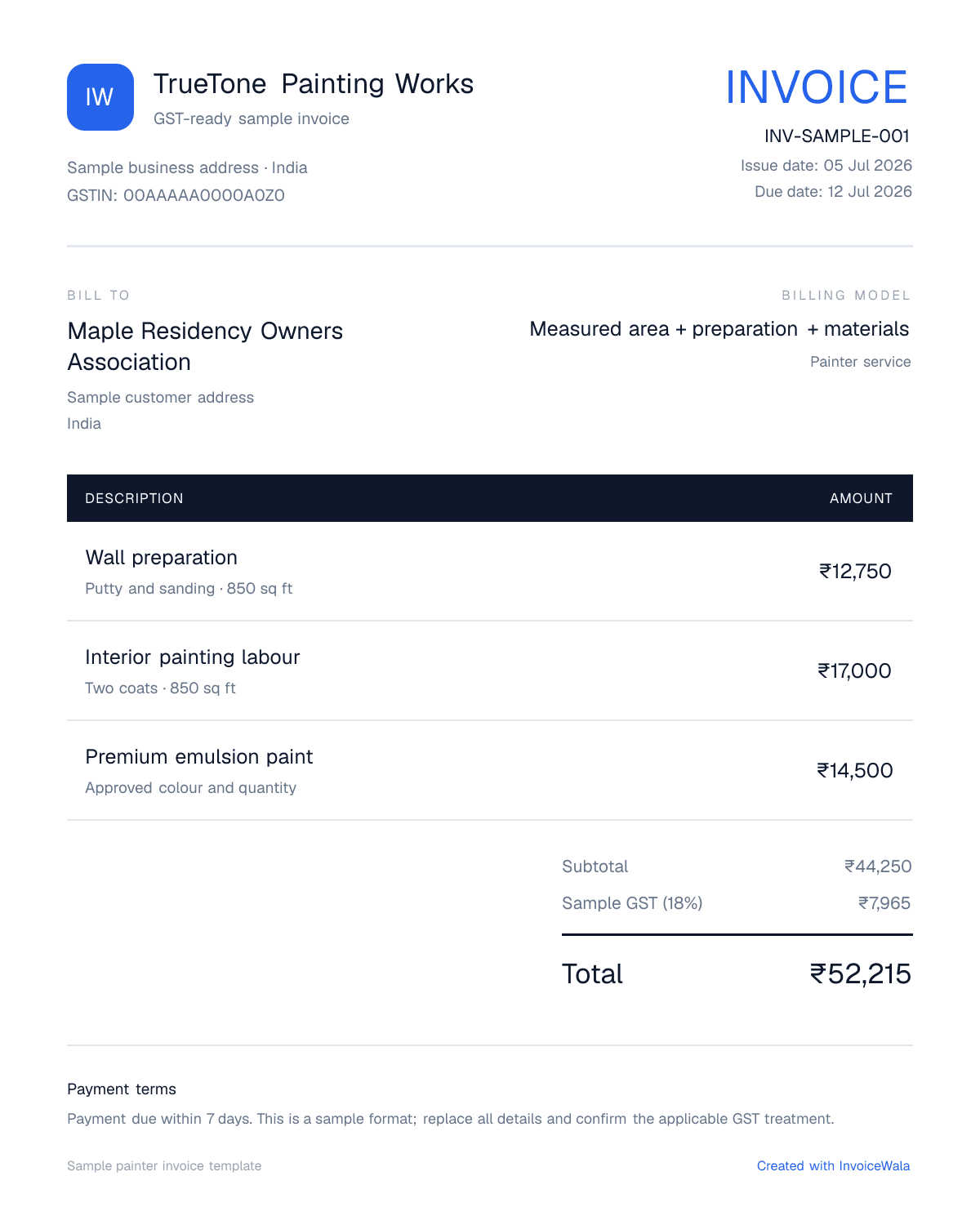 Sample GST painter invoice template showing measured area + preparation + materials