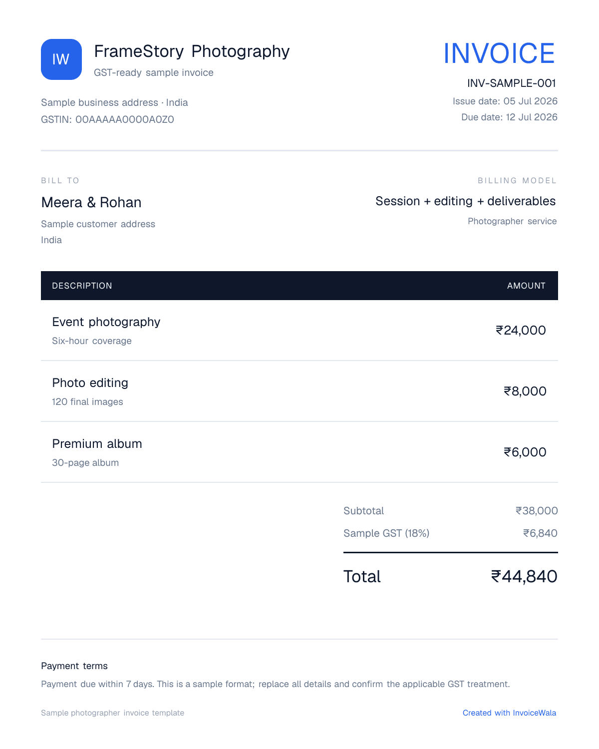 Sample GST photographer invoice template showing session + editing + deliverables