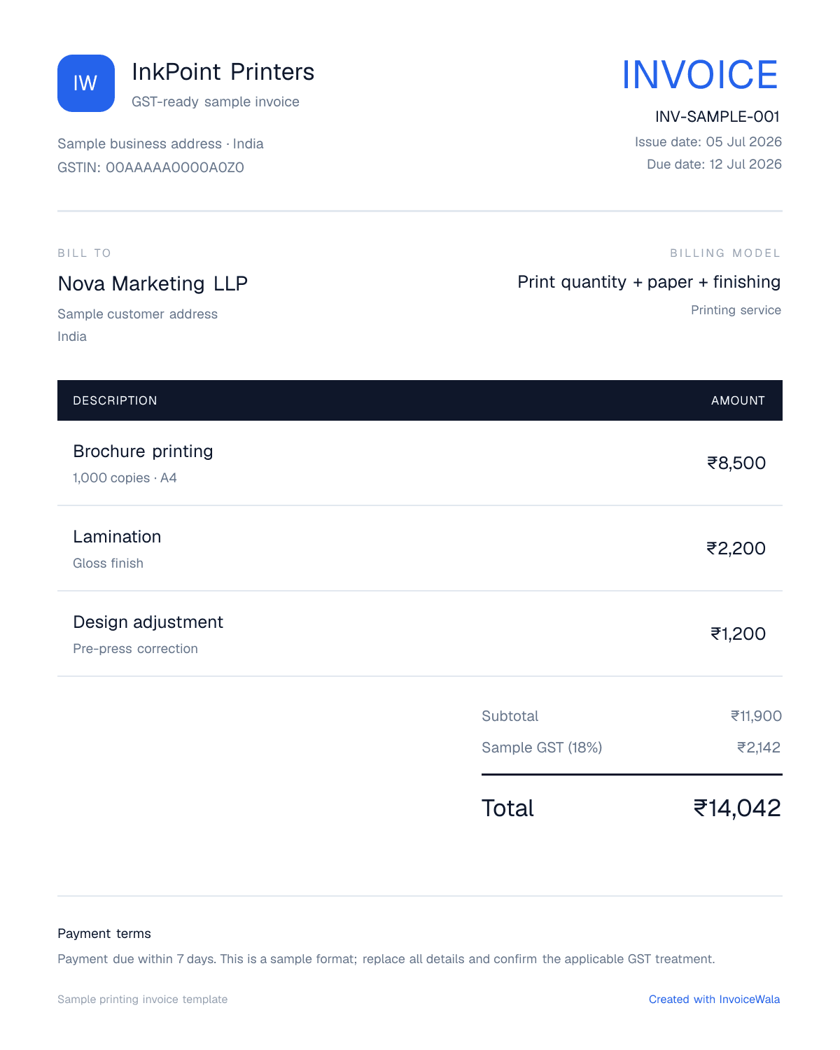 Sample GST printing invoice template showing print quantity + paper + finishing