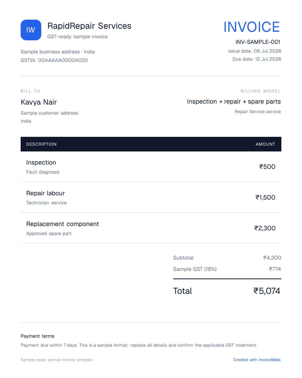 Sample GST repair service invoice template showing inspection + repair + spare parts