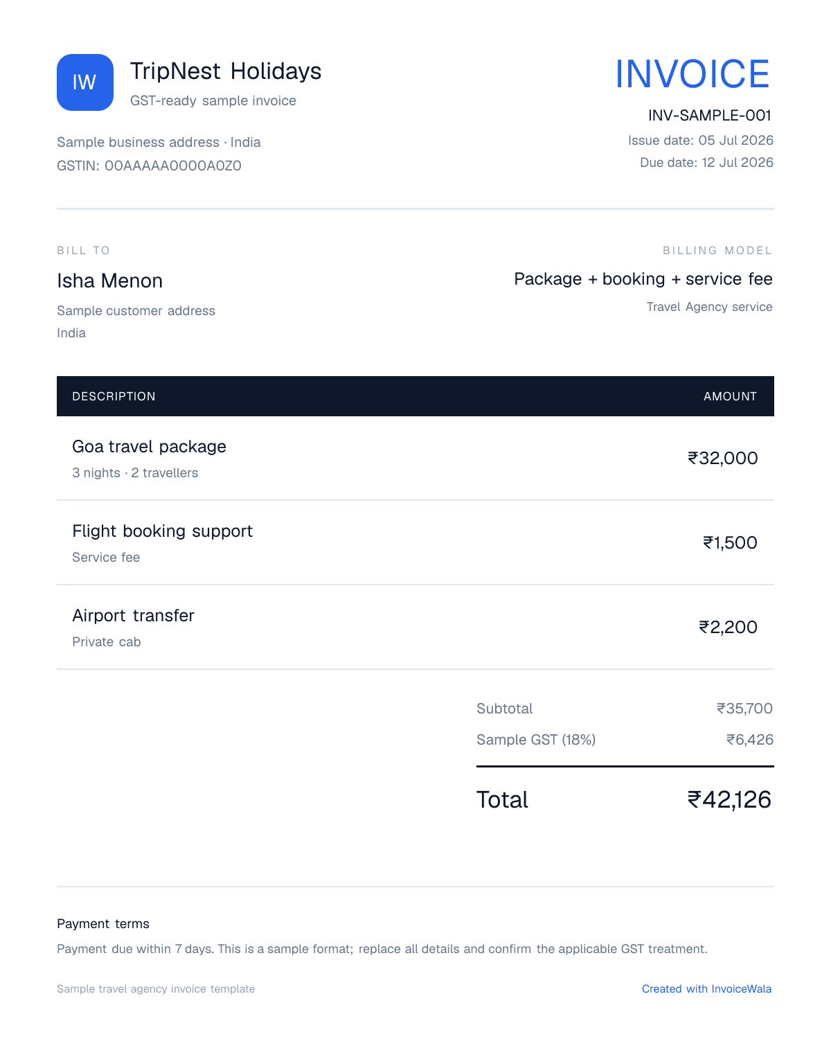 Sample GST travel agency invoice template showing package + booking + service fee