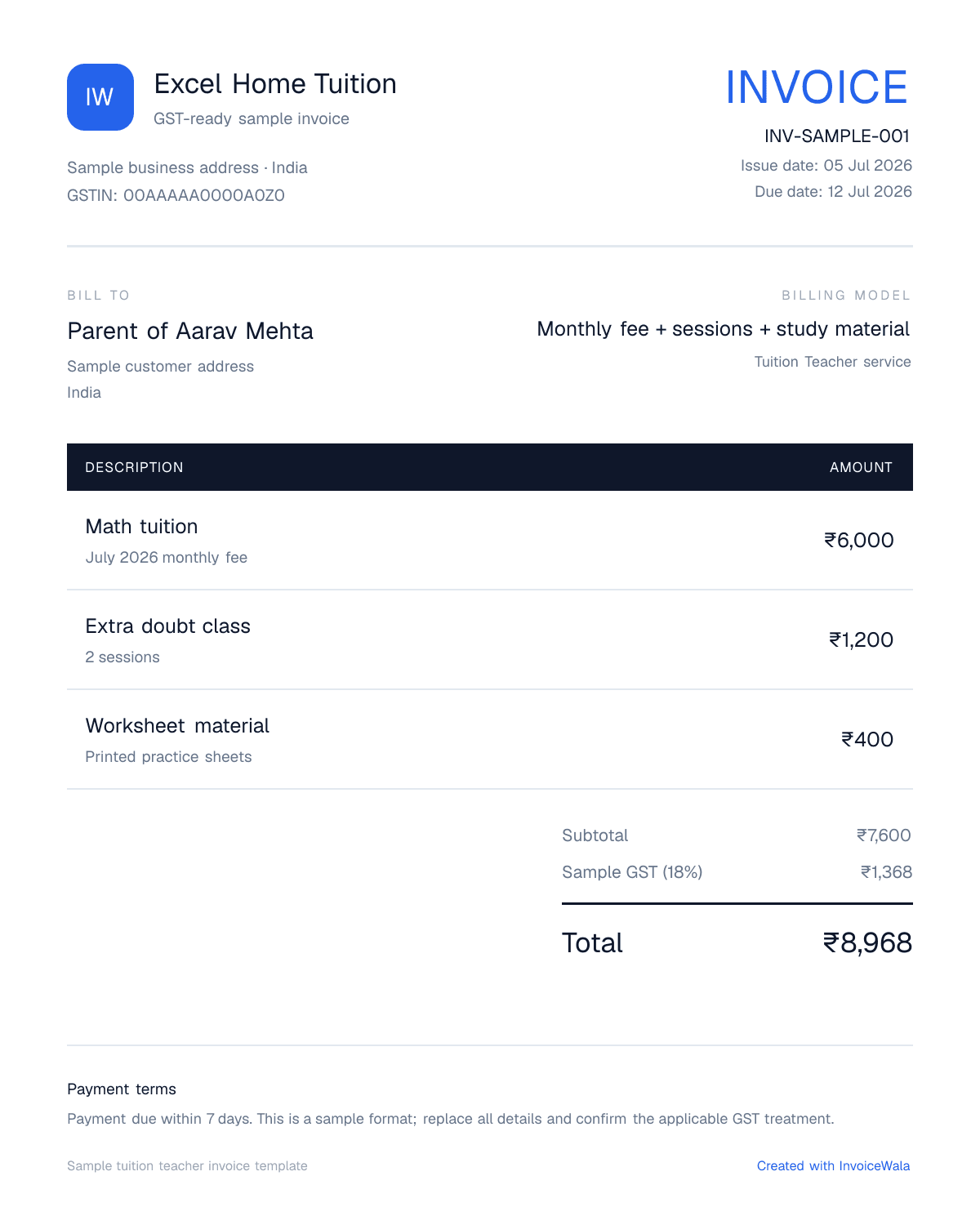 Sample GST tuition teacher invoice template showing monthly fee + sessions + study material