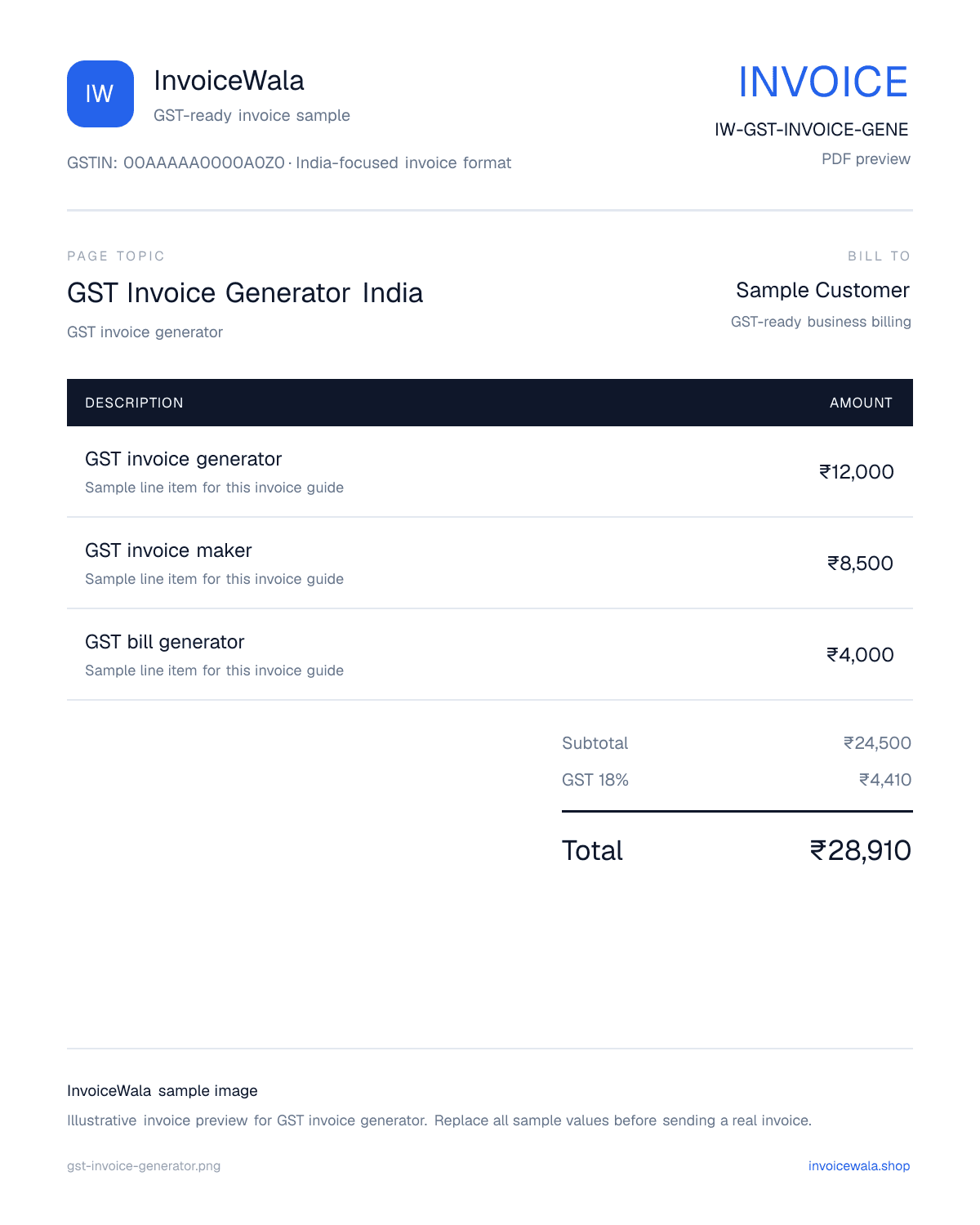 GST Invoice Generator India sample invoice preview with GST-ready fields