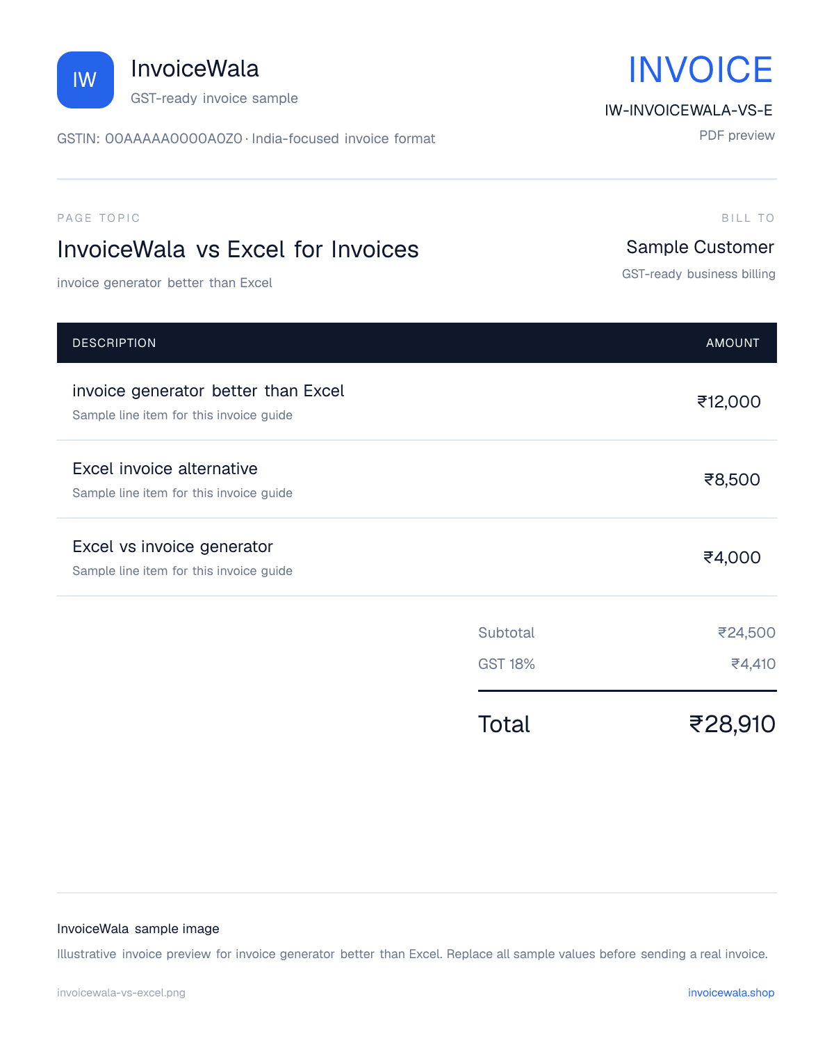 InvoiceWala vs Excel for Invoices sample invoice preview with GST-ready fields