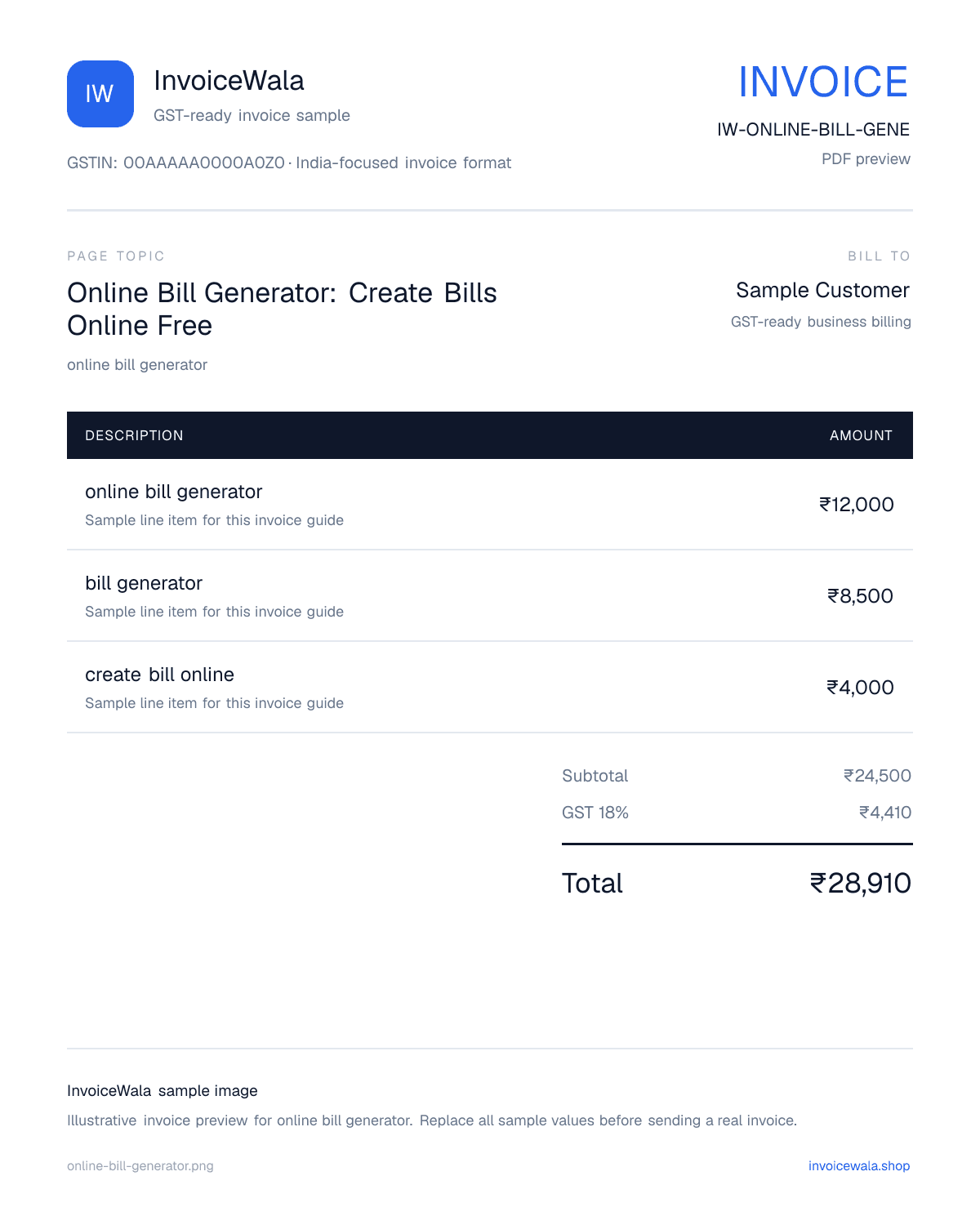 Online Bill Generator: Create Bills Online Free sample invoice preview with GST-ready fields