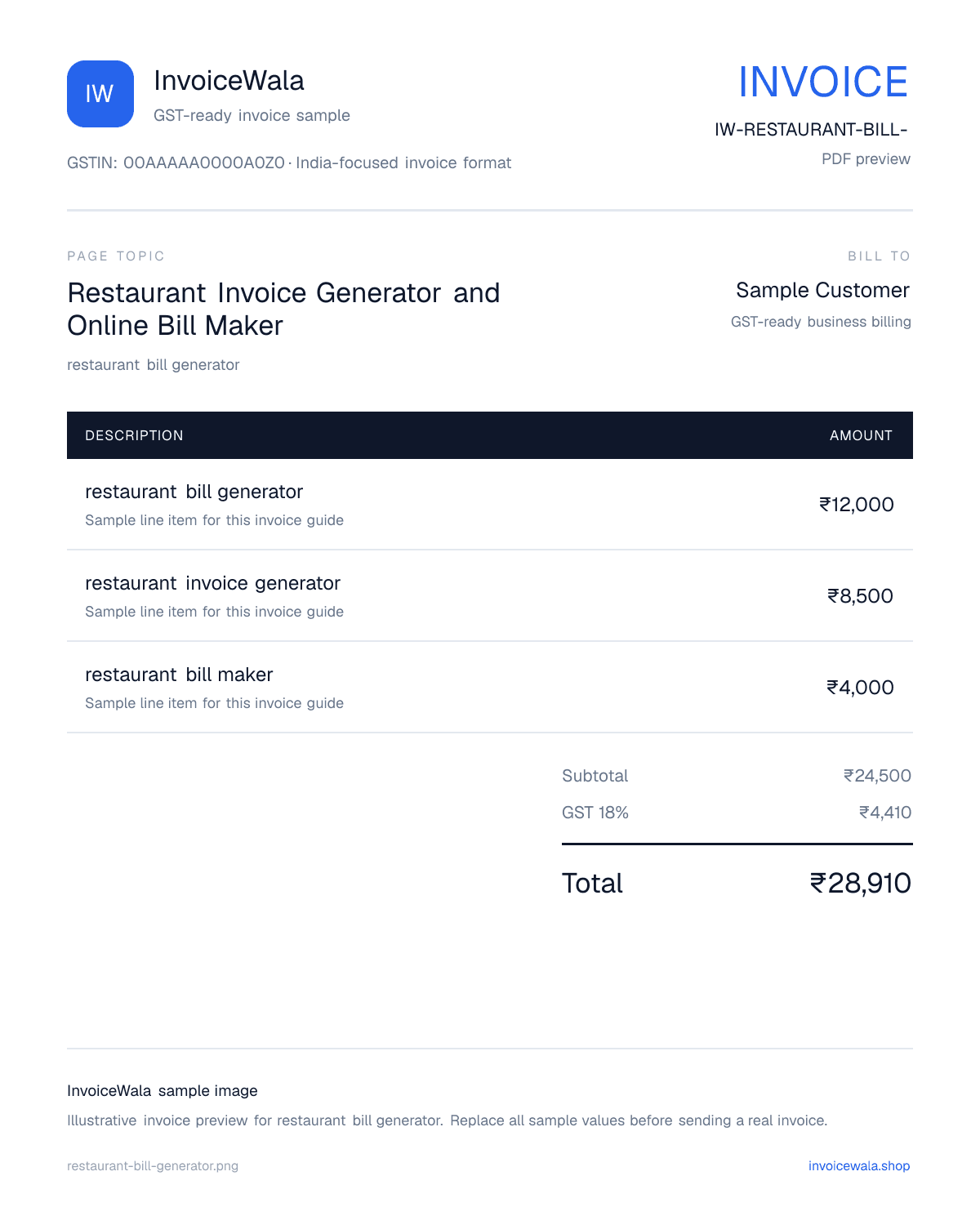 Restaurant Invoice Generator and Online Bill Maker sample invoice preview with GST-ready fields