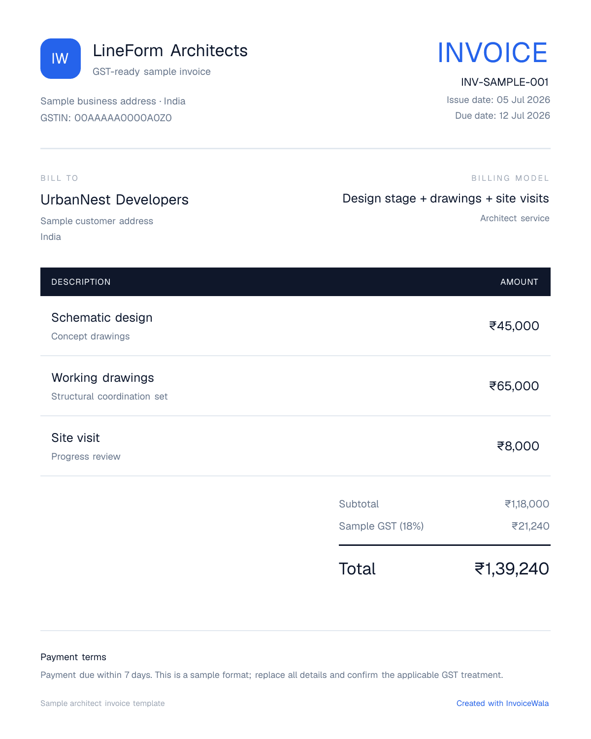 Sample GST architect invoice template showing design stage + drawings + site visits