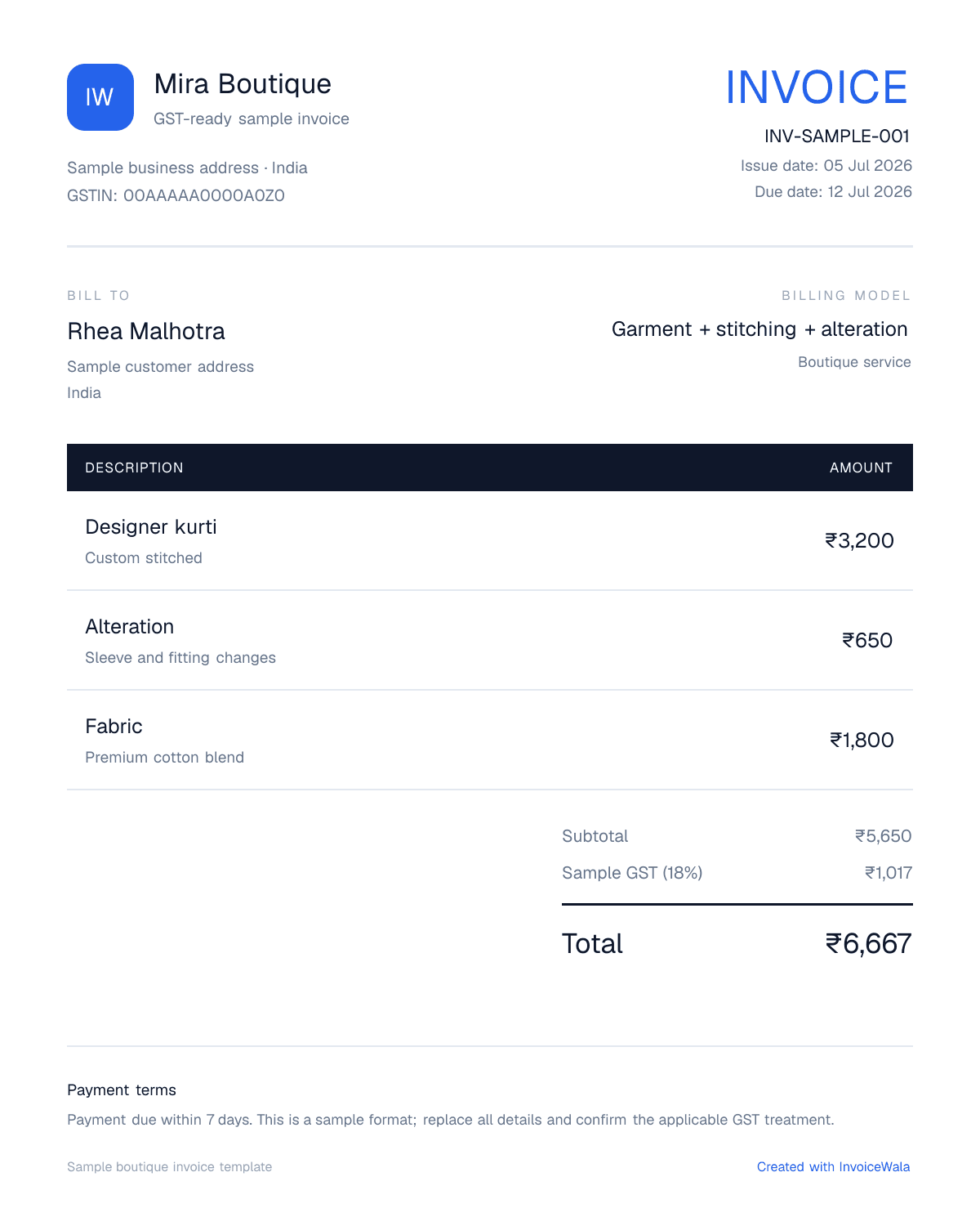 Sample GST boutique invoice template showing garment + stitching + alteration