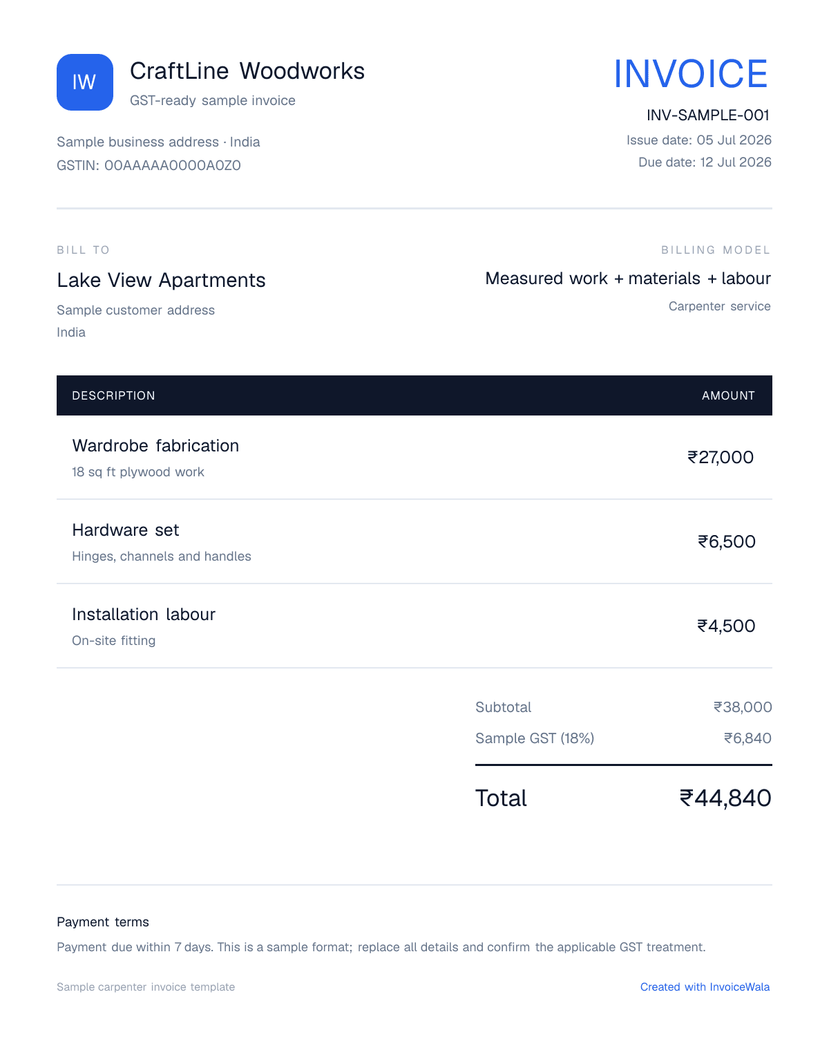 Sample GST carpenter invoice template showing measured work + materials + labour