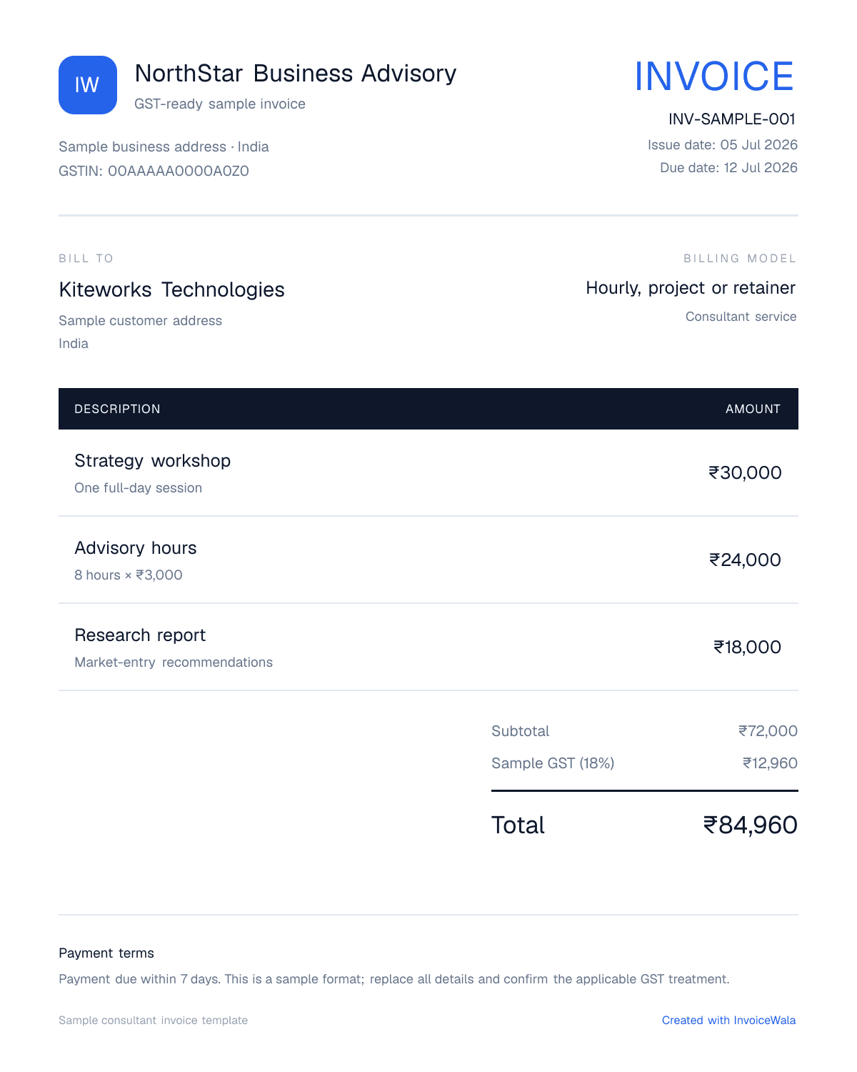Sample GST consultant invoice template showing hourly, project or retainer