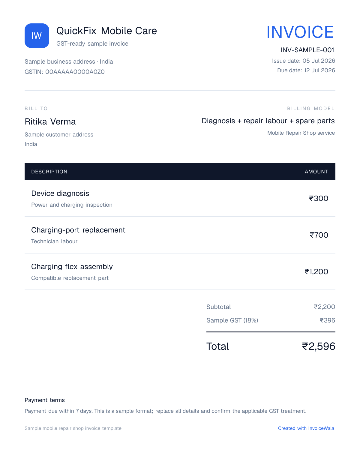 Sample GST mobile repair shop invoice template showing diagnosis + repair labour + spare parts