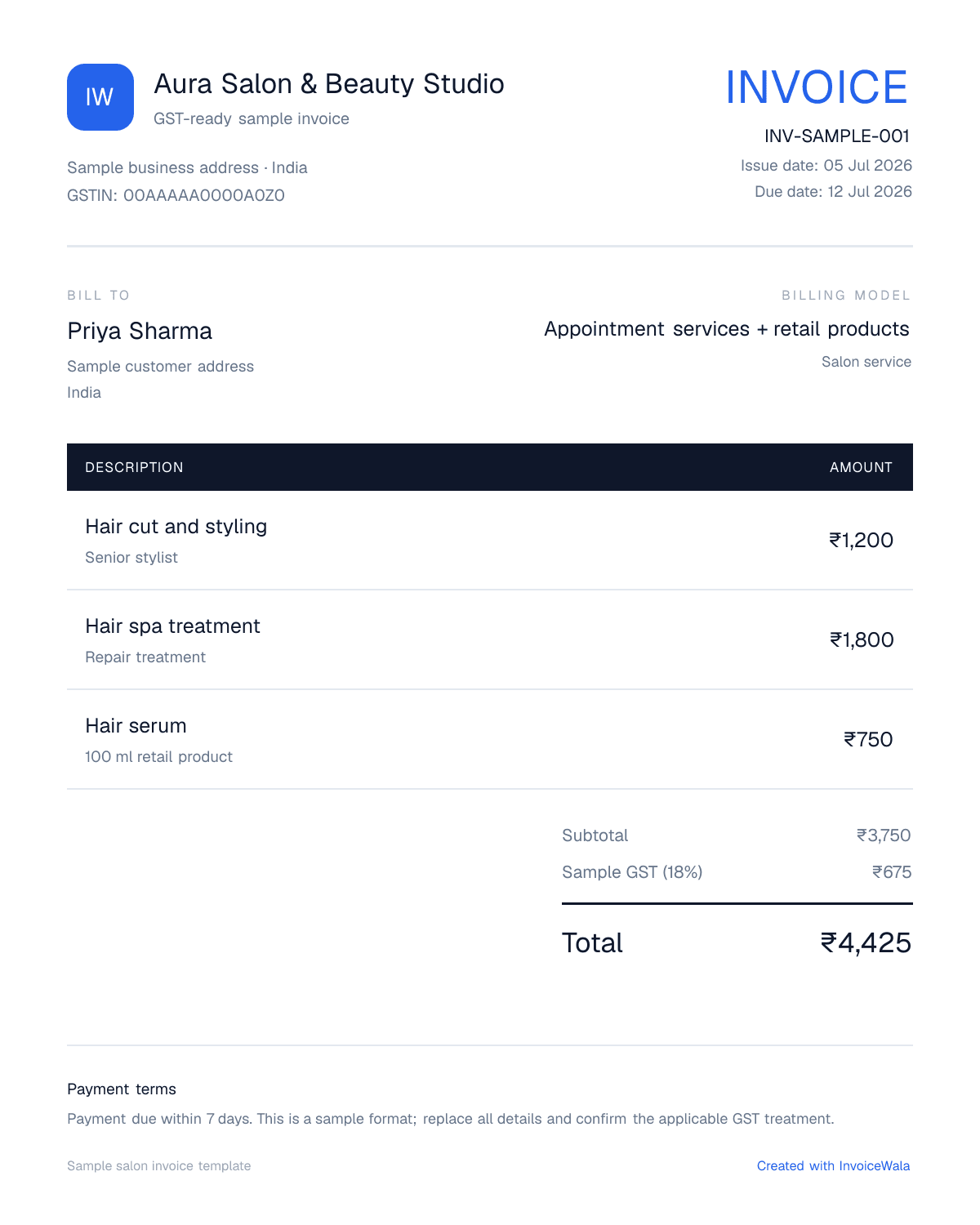 Sample GST salon invoice template showing appointment services + retail products