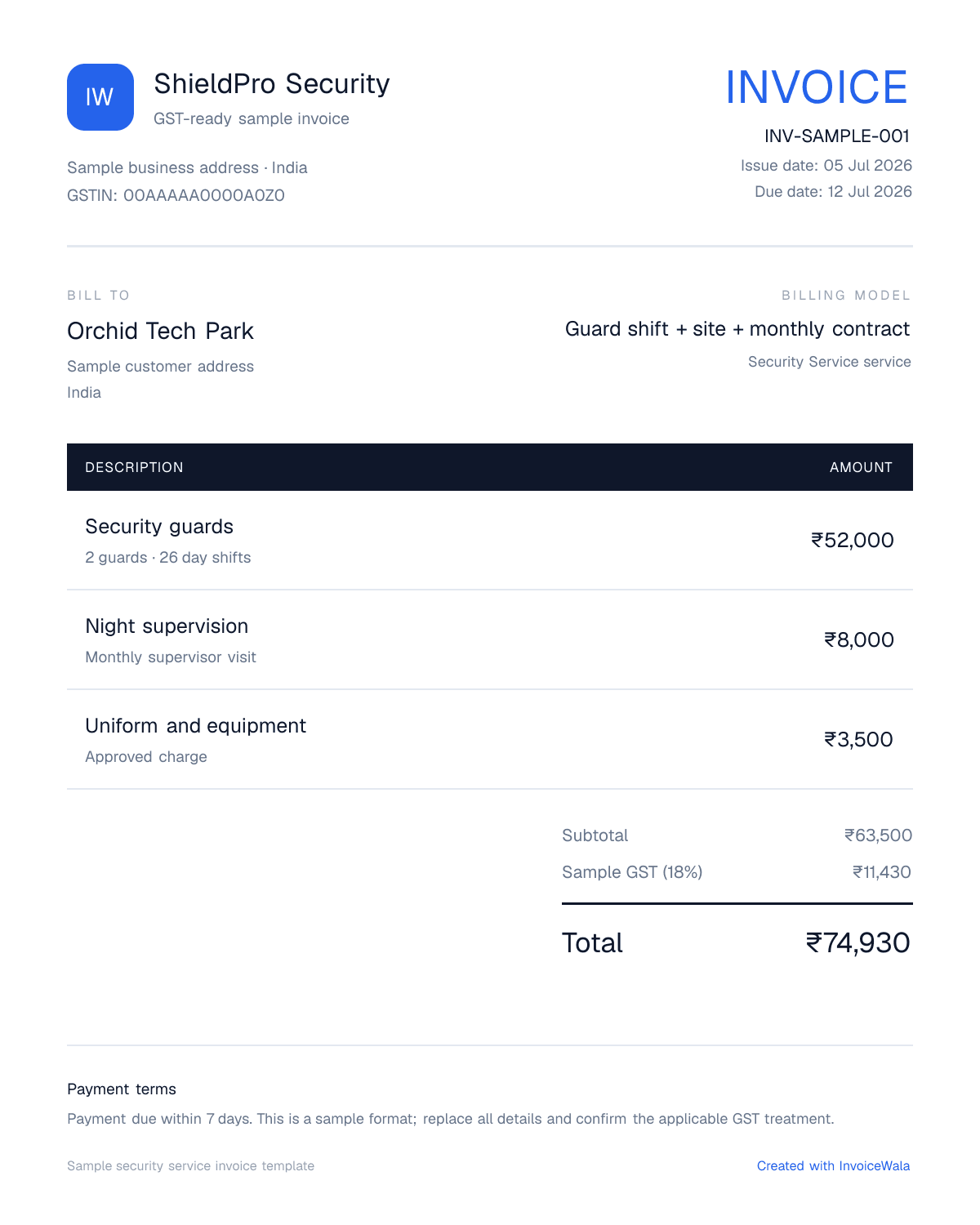 Sample GST security service invoice template showing guard shift + site + monthly contract