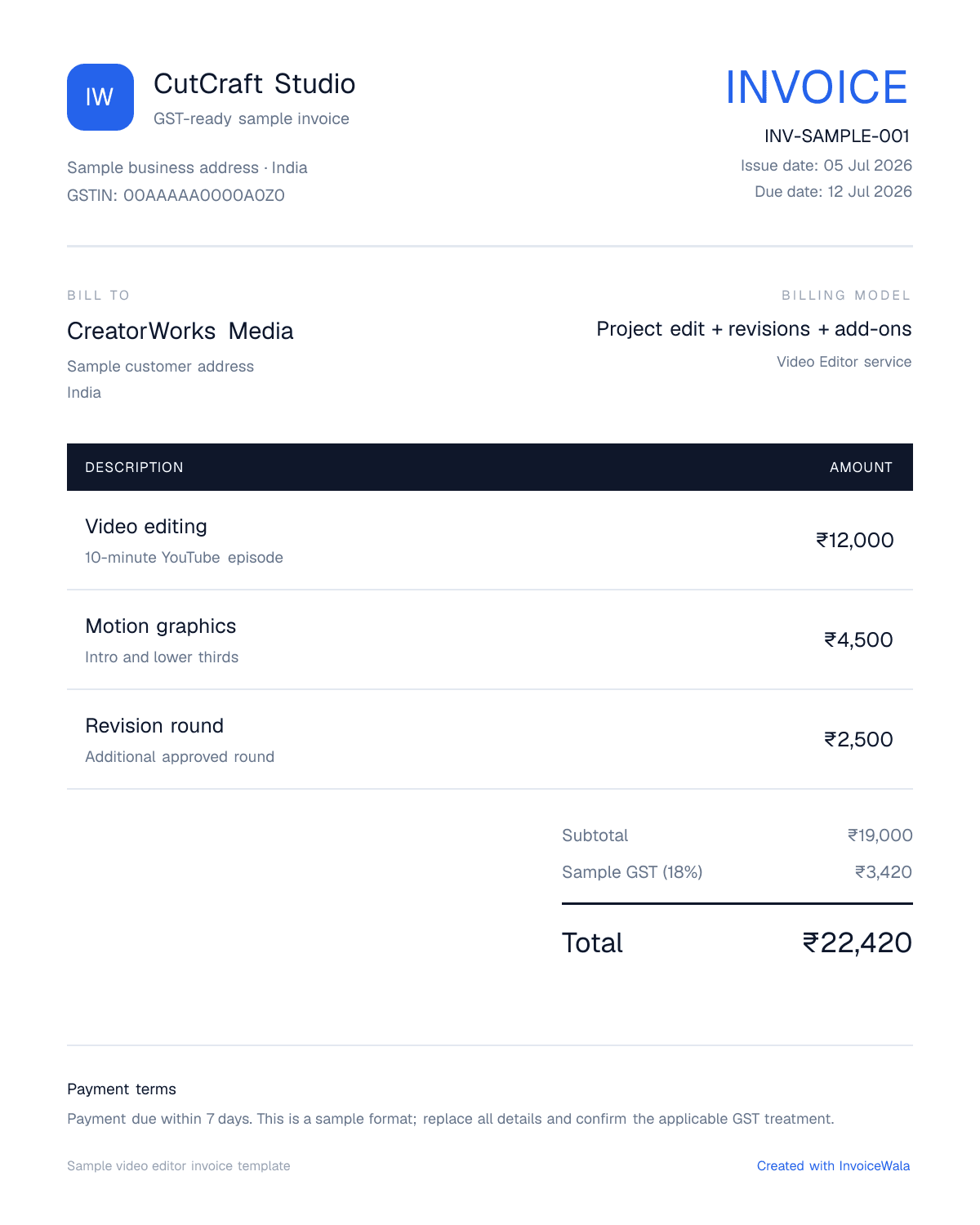 Sample GST video editor invoice template showing project edit + revisions + add-ons