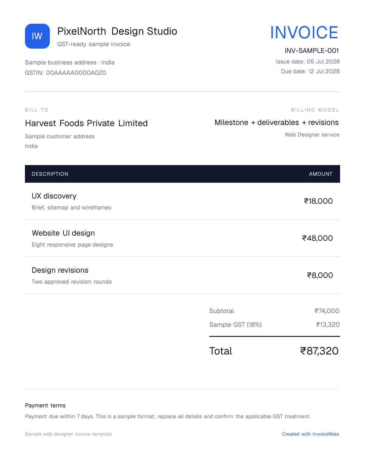 Sample GST web designer invoice template showing milestone + deliverables + revisions