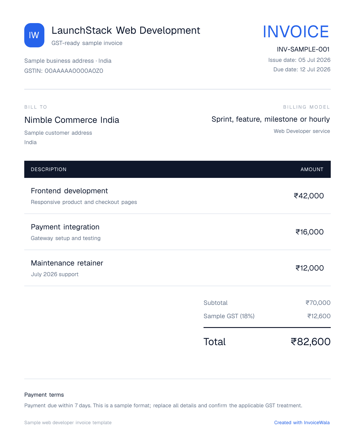 Sample GST web developer invoice template showing sprint, feature, milestone or hourly