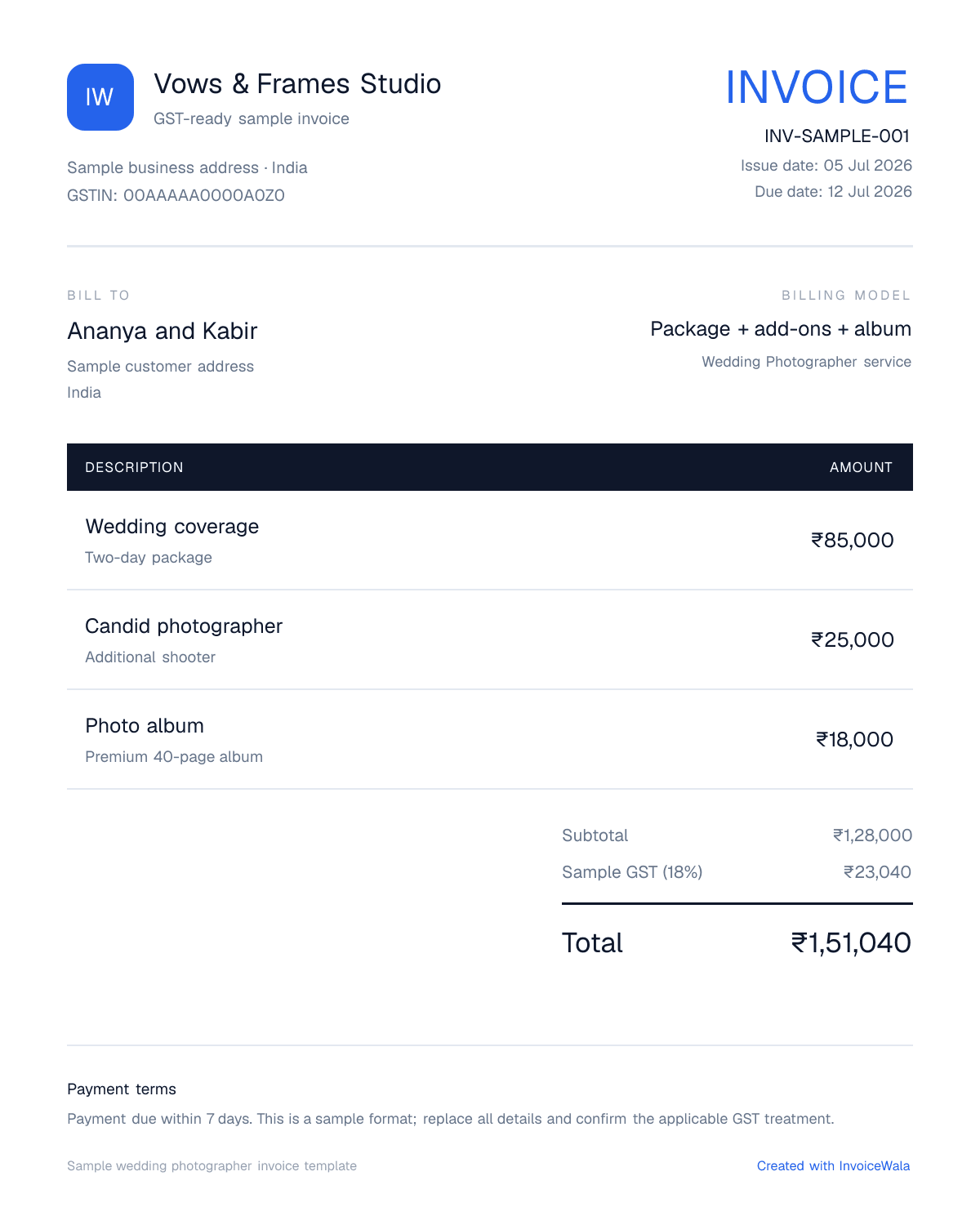Sample GST wedding photographer invoice template showing package + add-ons + album