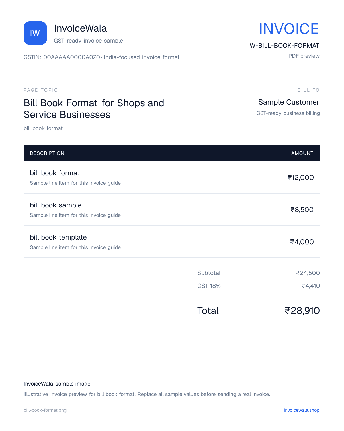 Bill Book Format for Shops and Service Businesses sample invoice preview with GST-ready fields