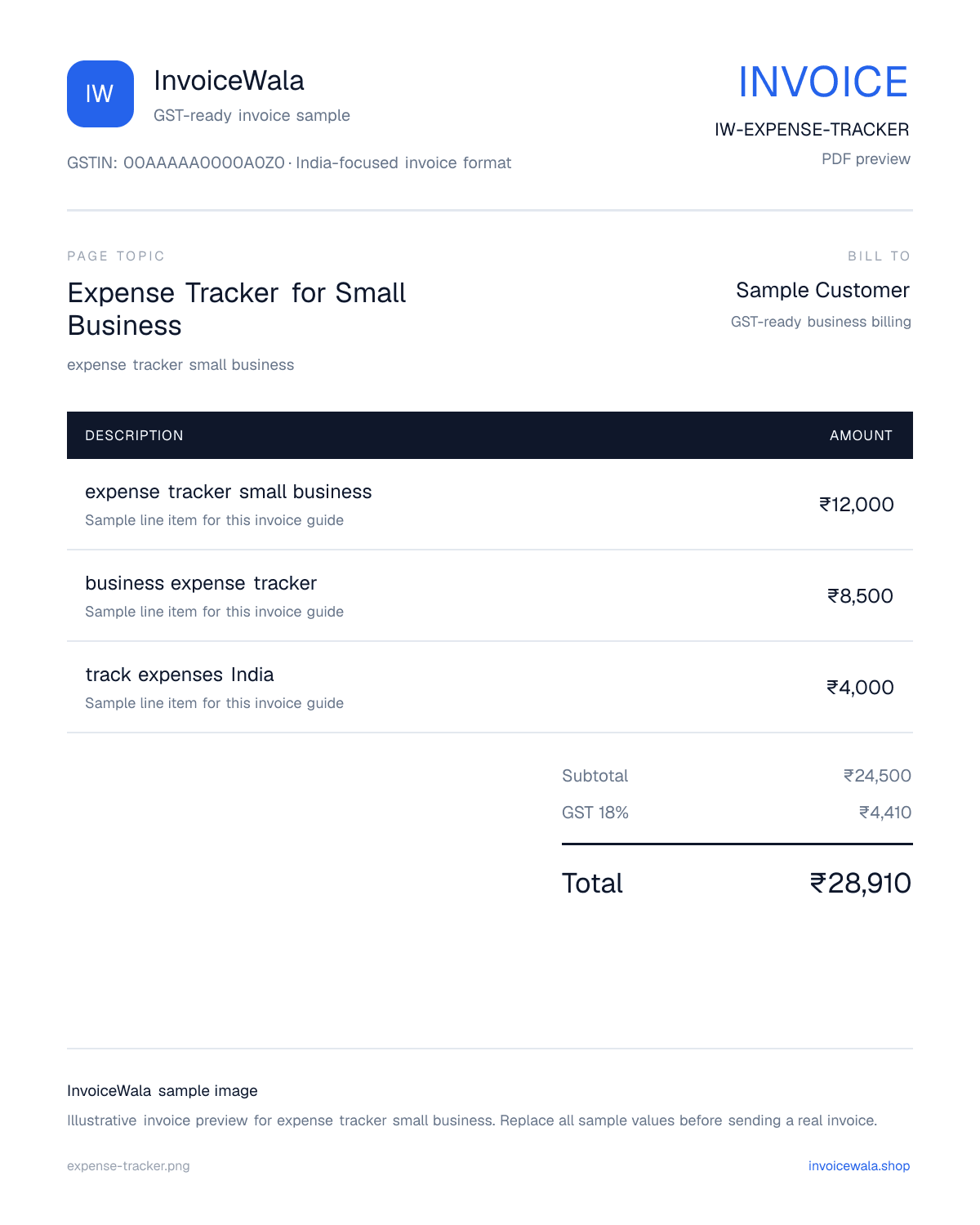 Expense Tracker for Small Business sample invoice preview with GST-ready fields