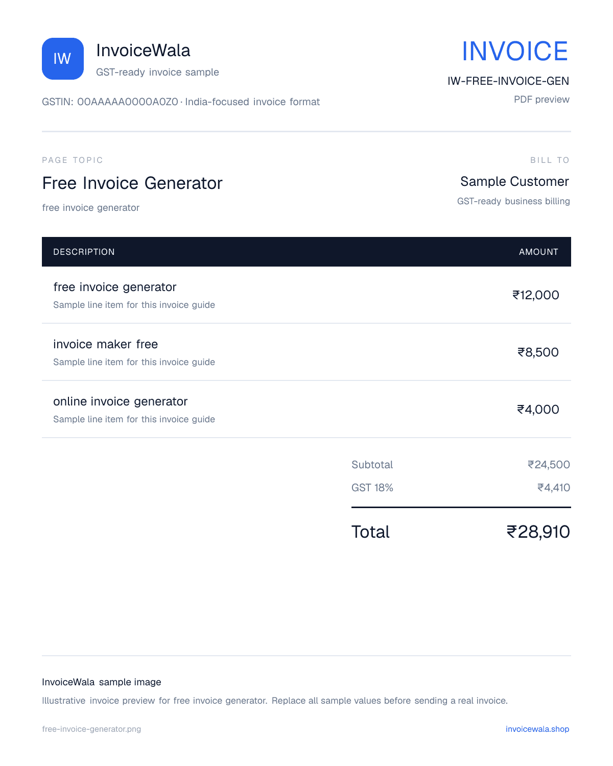 Free Invoice Generator sample invoice preview with GST-ready fields